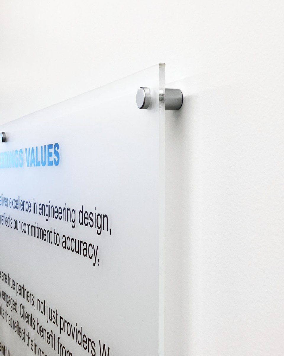 SpeedproBarrie's tweet photo. A great example of how to proudly display your Mission, Vision and Values statements. We printed these for EME Engineering Ltd. and used frosting mounted on acrylic as a backdrop, then mounted them on standoffs to create more of a visual impact. https://t.co/8WEejrDml2