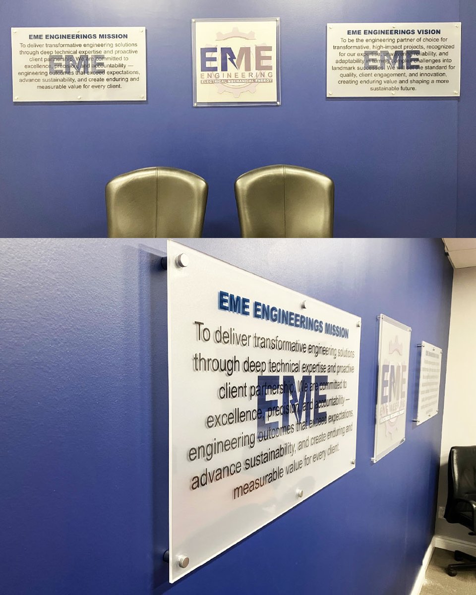 SpeedproBarrie's tweet photo. A great example of how to proudly display your Mission, Vision and Values statements. We printed these for EME Engineering Ltd. and used frosting mounted on acrylic as a backdrop, then mounted them on standoffs to create more of a visual impact. https://t.co/8WEejrDml2