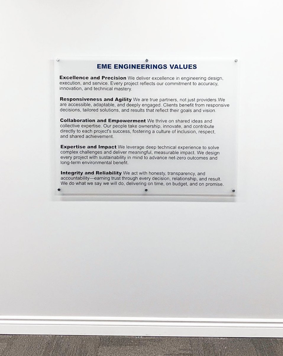 SpeedproBarrie's tweet photo. A great example of how to proudly display your Mission, Vision and Values statements. We printed these for EME Engineering Ltd. and used frosting mounted on acrylic as a backdrop, then mounted them on standoffs to create more of a visual impact. https://t.co/8WEejrDml2