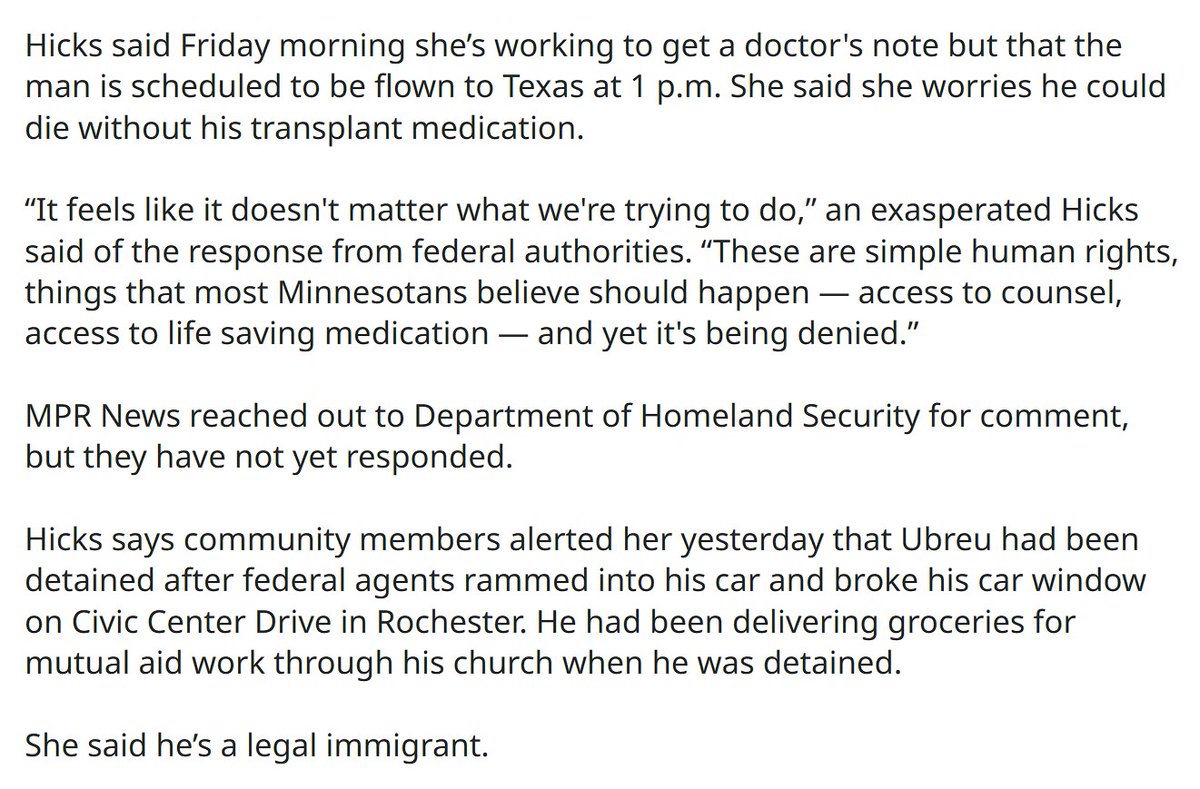 mnhouseDFL's tweet photo. Federal immigration authorities are arresting legal  immigrants and preventing them from accessing life-saving medication, even when state legislators get directly involved.

In what world is this acceptable? https://t.co/nKX4X4N87a