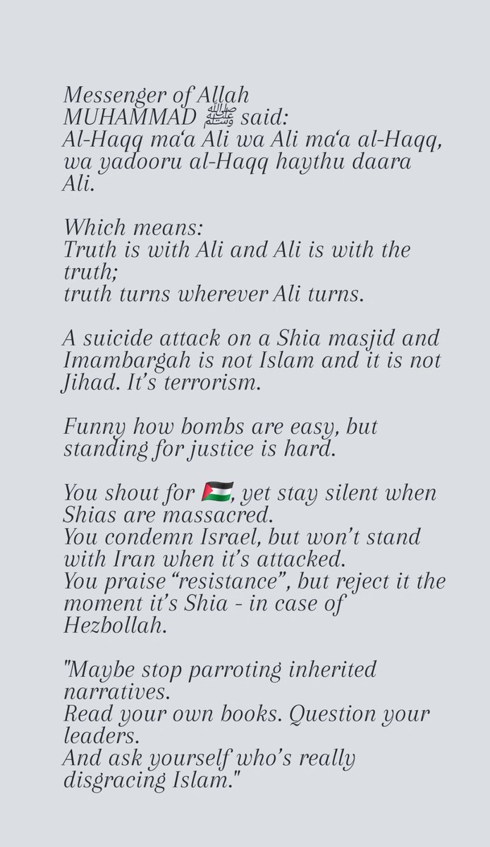 SyedMDAbbas1472's tweet photo. Bombing mosques isn’t Jihad.
Ignoring Shia blood isn’t neutrality.
You cry for 🇵🇸 but stay silent when Shias are massacred.
You condemn Israel, yet reject resistance the moment it’s #Shia.
Islam didn’t fail.
Extremism failed #Islam  and hypocrisy keeps defending it. #ShiaGenocide https://t.co/8zHZ5lhH92