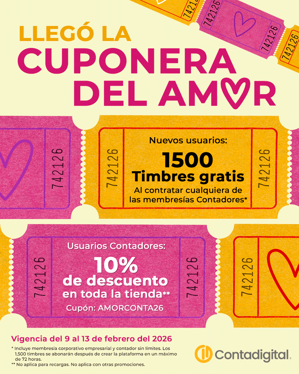 ContabilidadDig's tweet photo. 🧡 Si eres usuario #CONTADORES obtén un 10% de #descuento en toda la tienda usando el cupón: AMORCONTA26

💛 O si eres Nuevo Usuario contrata cualquiera de las membresías Contadores y obtén 1,500 #timbres ¡Gratis!

🔸 Válido del 9 al 13 de febrero del 2026 https://t.co/5HFswCzYvN