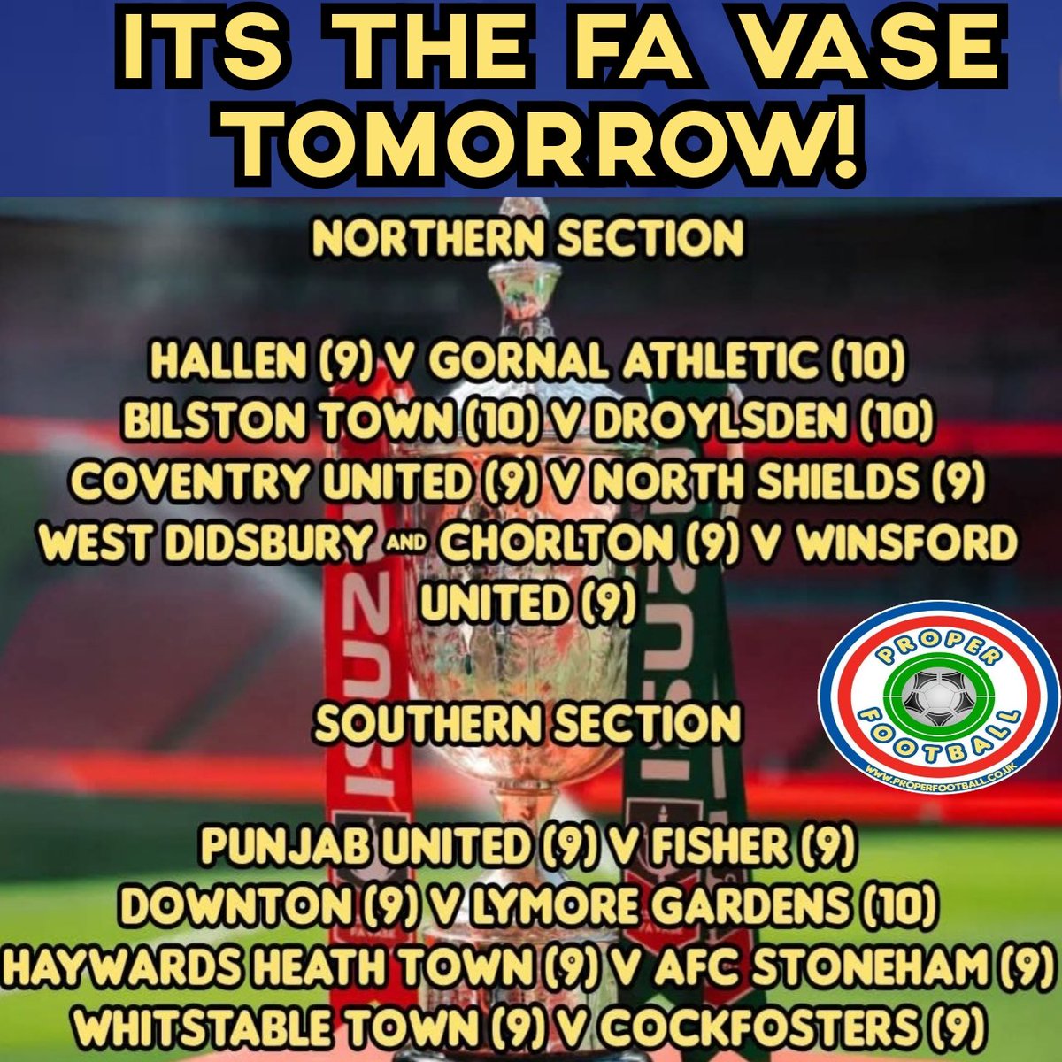 It is the FA Vase 5th round tomorrow! Weather permitting 🌧☔️ These side's will hope to continue their roads to Wembley.

We have taken a look at the locations of the teams left in the competion 👇

■ Team name ■              ■Closest Town / City■ 

Hallen AFC 🔵⚫️