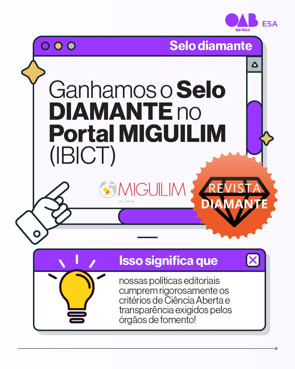 📚⚖️Um marco importante para a Revista ESA SP: ganhamos o Selo Diamante no Portal Miguilim (IBICT)! 

Isso atesta mais transparência em nossas políticas editoriais e transparência exigidos pelos órgãos de fomento.🤩

👉Confira esta conquista importante: miguilim.ibict.br/handle/miguili…