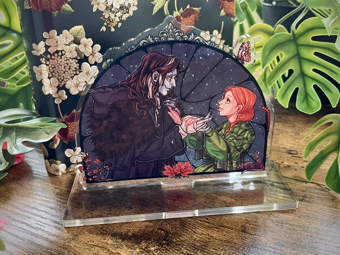 More Frankenstein (and douma) merch photos! Acrylic Standees + quicksand and gold foil!! It was hard to capture the leaf sequins standing up And linen and pearlecent prints!