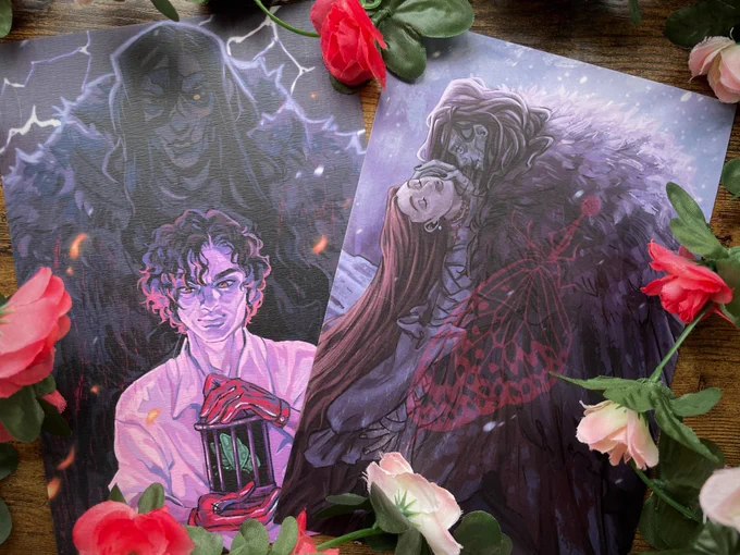 More Frankenstein (and douma) merch photos! Acrylic Standees + quicksand and gold foil!! It was hard to capture the leaf sequins standing up And linen and pearlecent prints!