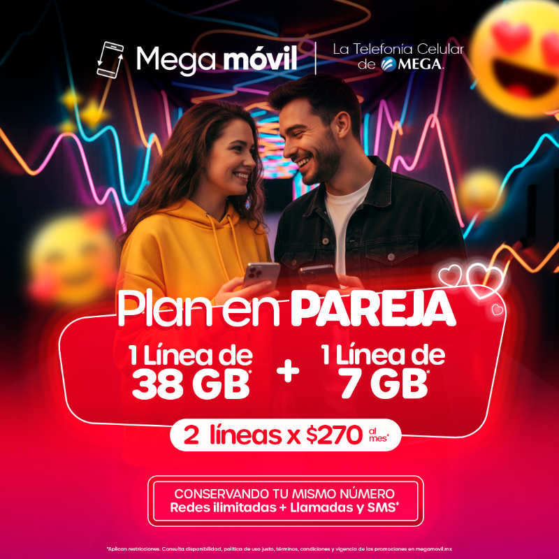 Megacable's tweet photo. 💕 Mega móvil te va a enamorar

 Con el paquete familiar obtén 2 líneas: una de 38GB* y otra de 7GB* para navegar + redes sociales, minutos y SMS ilimitados por solo $270* pesos al mes

Cámbiate ahora conservando tus números