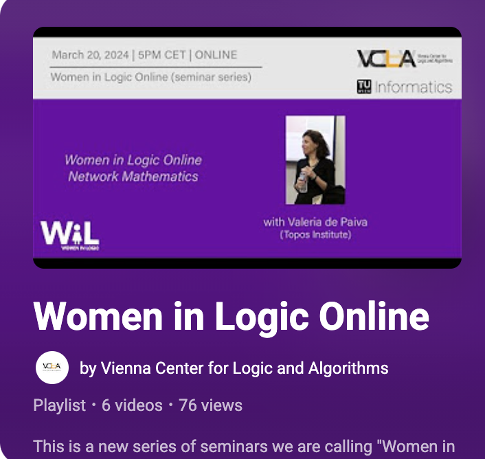 valeriadepaiva's tweet photo. Check out our line-up of Women in Logic ONLINE videos. The last one by Elaine Pimentel, last Tuesday, hasn't been uploaded yet. 
https://t.co/JP2NSUWEhY https://t.co/F8tp2YwQOM