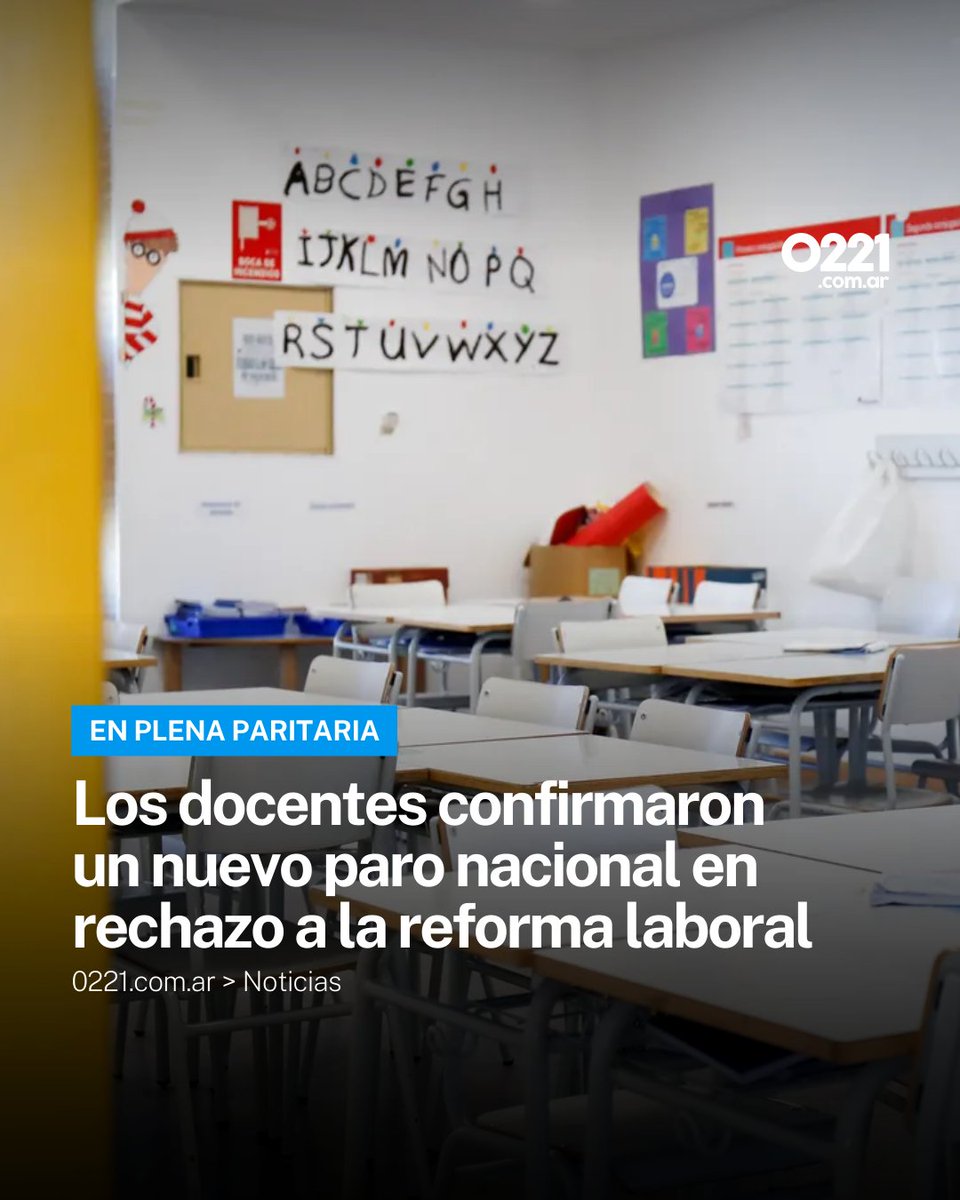 0221comar's tweet photo. NUEVO PARO DOCENTE 📚 El #FUDB confirmó un paro nacional para el 11 de febrero en rechazo a la reforma laboral del Gobierno de #JavierMilei y ante la falta de acuerdo en las negociaciones paritarias.

✊ Participan #SUTEBA, #FEB, #UDOCBA, #AMET y #SADOP, que denunciaron "ajuste en educación" y reclaman la devolución del #FONID y fondos retenidos por Nación. También rechazaron la oferta del 2% de aumento propuesta por la #Provincia.

📆 La medida será por 24 horas y podría impactar en todo el país.