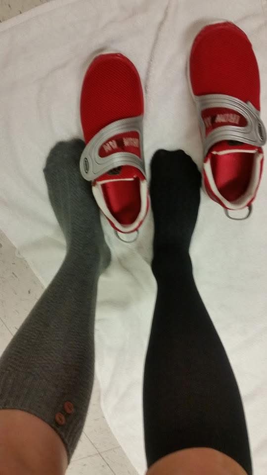 In my serious training days, I used to get up at 4:30 a.m., hit the gym to swim &amp; run, shower, and head to work. One fateful morning I not only forgot my dress shoes but also grabbed 2 different colored socks. I had to wear these red Ironman shoes with my dress slacks. I was so