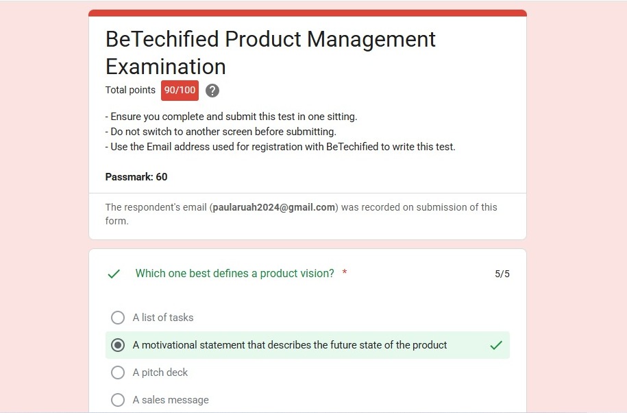 APTechSpark's tweet photo. OH YES!!! 💖💖💖
I took the Product Management Examination organised by @BeTechified and this is what I scored (90/100)! 🥹

SOMEBODY SHOUT POWER!!! 😂😂😂 https://t.co/4UIuaC5kQr