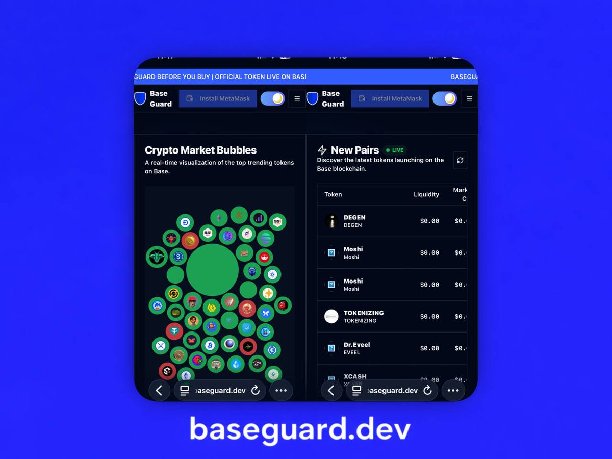 baseguardev's tweet image. This is how super-early gems are found 👇

• New pairs the moment they launch
• Trending tokens gaining real traction
• Instant contract + wallet insights

All in one place - Baseguard.dev