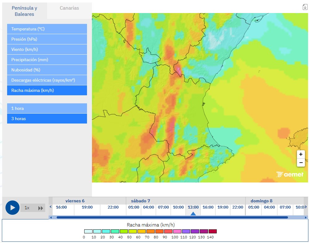 MeteoAvisosEsp's tweet photo. ⚠️Especial atención mañana en zonas del interior sur de Castellón y Valencia, donde se pueden dar ráfagas que superen los 100km/h
Las horas más críticas serán hacia el mediodia
Especial atención a posibles actualizaciones de los avisos. @Valencia_WX  #AEMET #Viento #FMA https://t.co/CqWgsAGhyl
