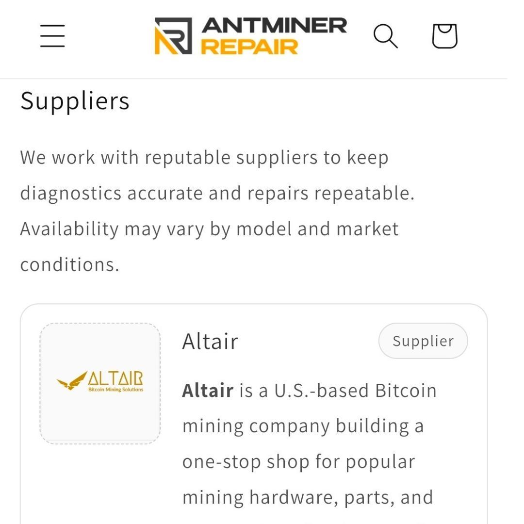 We’re proud to welcome <a href="/alexmuranov/">Aleksandr Muranov</a> &amp; Antminer Repair to our Miner Ecosystem Resources page! 

💸 Altair customers get 5% off repair labor, Use code: AltairTechnology 

They specialize in:
🔧 Hashboard repair
🔧 Control board repair
🔧 PSU repair

4–5 business day (on avg)