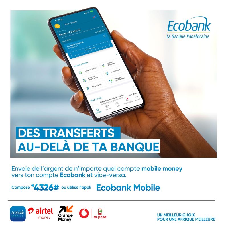 Simplifie tes transactions 💳
Envoie de l’argent depuis n’importe quel compte Mobile Money vers ton compte Ecobank, et vice-versa.

Rapidité, sécurité et flexibilité au quotidien.

#Ecobank #MobileMoney #TransactionsSimplifiées #PaiementDigital #RapideEtSûr #BanqueAuQuotidien