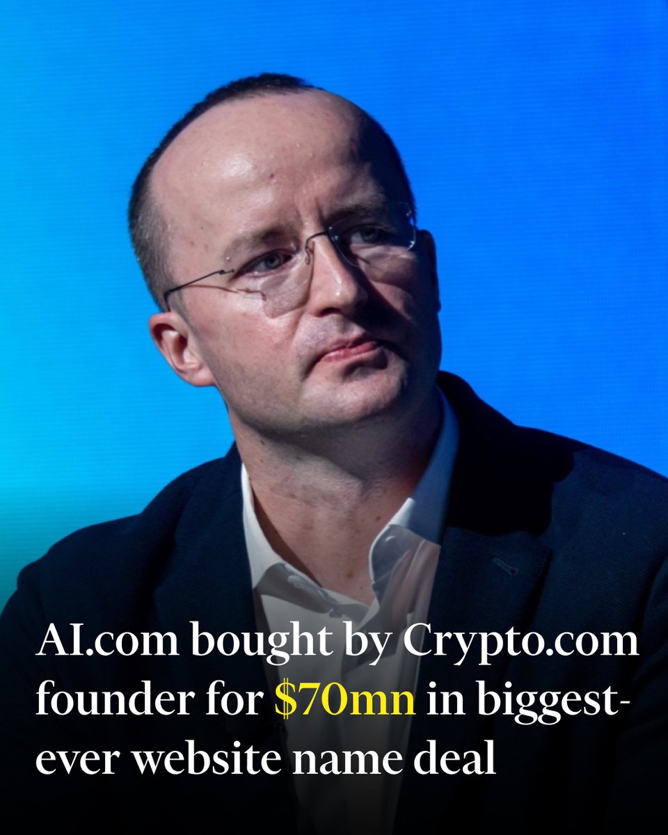 FT's tweet image. The chief executive of Crypto.com plans to debut AI.com in a Super Bowl ad this weekend after the highest price ever disclosed for a domain name sale. ft.trib.al/q07oanC