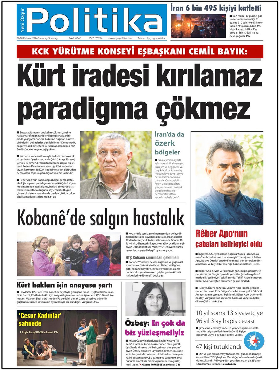 y_ozgurpolitika's tweet photo. 🔴 MANŞET

📌Kürt iradesi kırılamaz, paradigma çökmez

◾️KCK Y.K. Eşbaşkanı Cemil Bayık: "Bırakalım bu paradigmanın çökmesi, aksine halklar tarafından sahiplenilecektir. Halklar bir arada yaşayamaz ancak birbirine düşman olur, denilebilir mi? Bu düşüncelerin geleceği yoktur." https://t.co/fK8HTBFPwD
