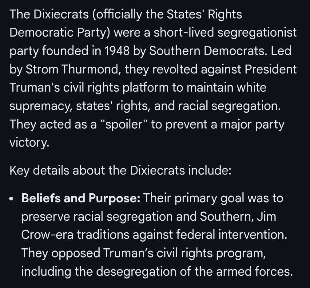 Canklemore's tweet photo. @Manoffaces11 @jchDestin @JBONZ47763 @travelingflying Even the thing Republicans say about Democrats starting the Klan is wrong, those were Dixiecrats that rebelled against the Democrat party explicitly for the purpose of conserving segregationist policies. That failed party ended up joining the Republican party... https://t.co/7njpxsAnEN