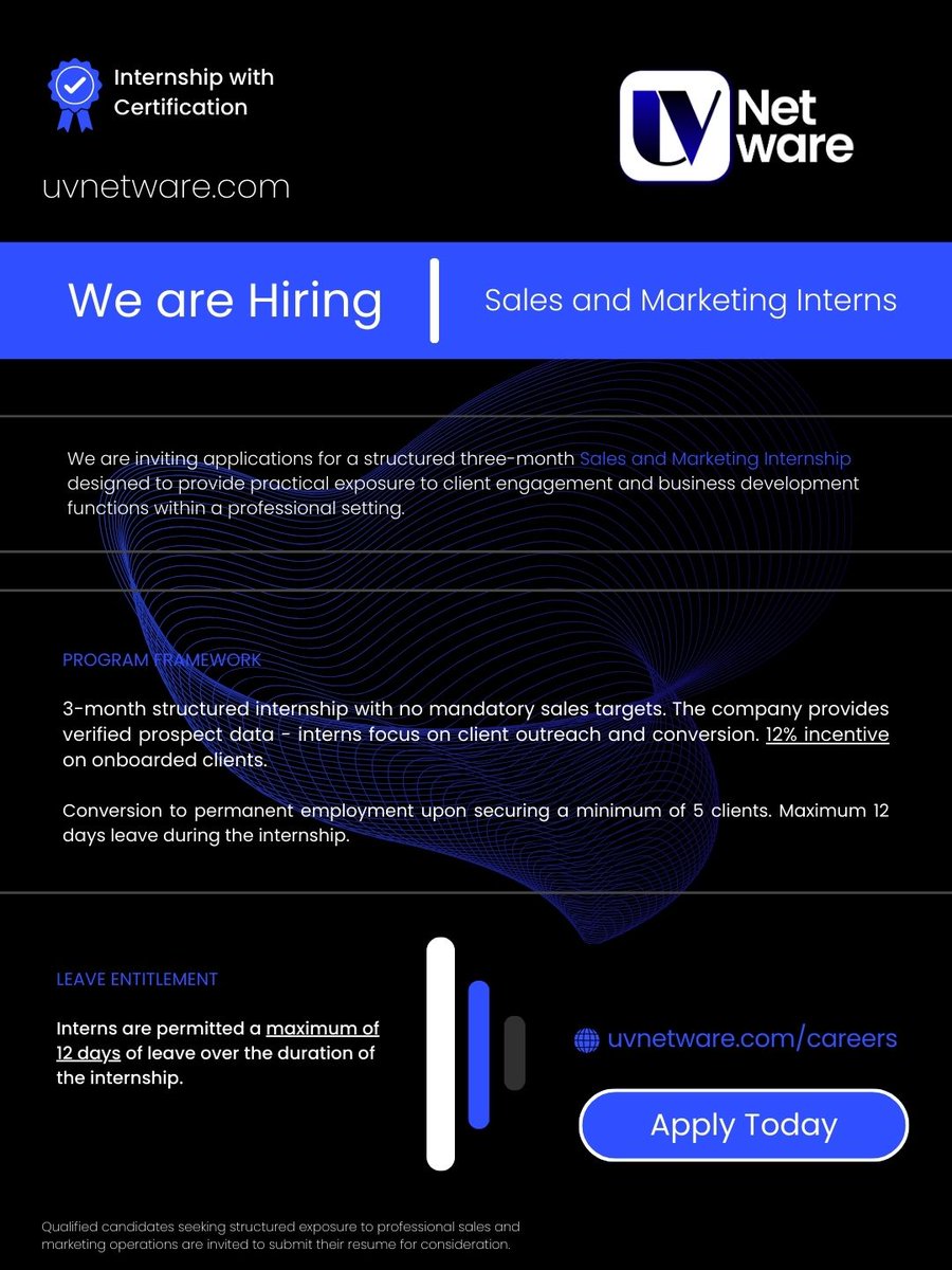 uvnetware's tweet photo. Hiring Remote Sales &amp; Marketing Interns (3-Month Internship with Certification). No sales targets, company-provided prospect data, 12% incentive on onboarded clients, and pathway to permanent employment. Max 3 hours/day.  #India

Apply: https://t.co/SJBEMTmXhO
#Internship #Remote https://t.co/faJblIztL9