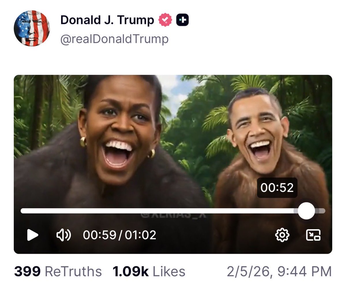 AzogAddams's tweet photo. This is racist, and I’m genuinely disgusted seeing it posted by the President of the United States. Regardless of politics, this kind of content is inappropriate and harmful. People in positions of power should know better and be held to a higher standard than this... https://t.co/jFf9xsohQ2