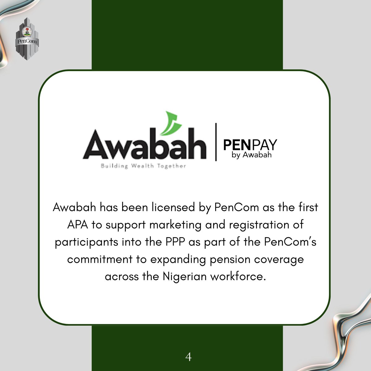 PenComNig's tweet photo. PenCom licenses Awabah as first Accredited Pension Agent for Personal Pension Plan Enrolment. https://t.co/IQ1WGcRd4S