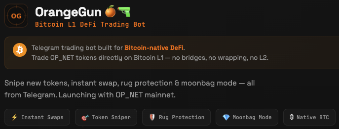 OPtrackbtc's tweet photo. OrangeGun๐ is coming to OP_NET
The @opnetbtc ๐,๐ team says it best: everything ETH can do, Bitcoin will do natively. No bridges, no wrapping, no L2.
Want to get a head start? Trade ETH & Solana now on @bananagun ๐https://t.co/Tkyln8pooG
@Motoswap #DeFi #OP_NET https://t.co/e0r1JQADuw