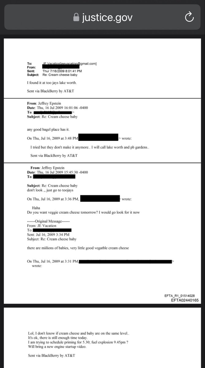 Epstein jokes with [redacted] about what is better, babies or veggie cream cheese?

“there are miilions of babies, very little good vegatble cream cheese.”

[Redacted] responds, “Lol, I don't know if cream cheese and baby are on the same level...”