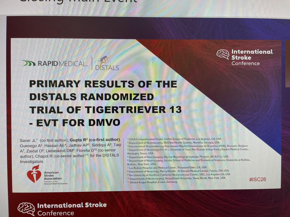 rwregen's tweet image. #DISTALS primary endpoint just presented at #ISC26! For #DMVO, #EVT with #Tigertriever 13 was associated with greater successful reperfusion at 24h without sICH! Long term clinical outcome are pending. @AHAScience @StrokeAHA_ASA @svinsociety @SVINJournal @SNISinfo