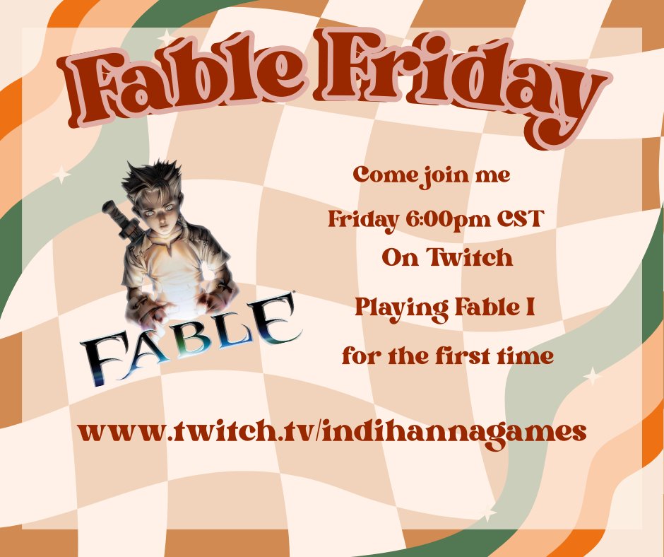 indihannagames's tweet photo. Fable Friday! Come hang out with me this evening at 6pmCST over on twitch! Playing Fable I!! First ever play through for me!!! Gearing up for the new Fable coming out later in the year!
#twitchstreamer #smallstreamer #fable #fristrunthrough #twitch https://t.co/iBPDcHunzJ