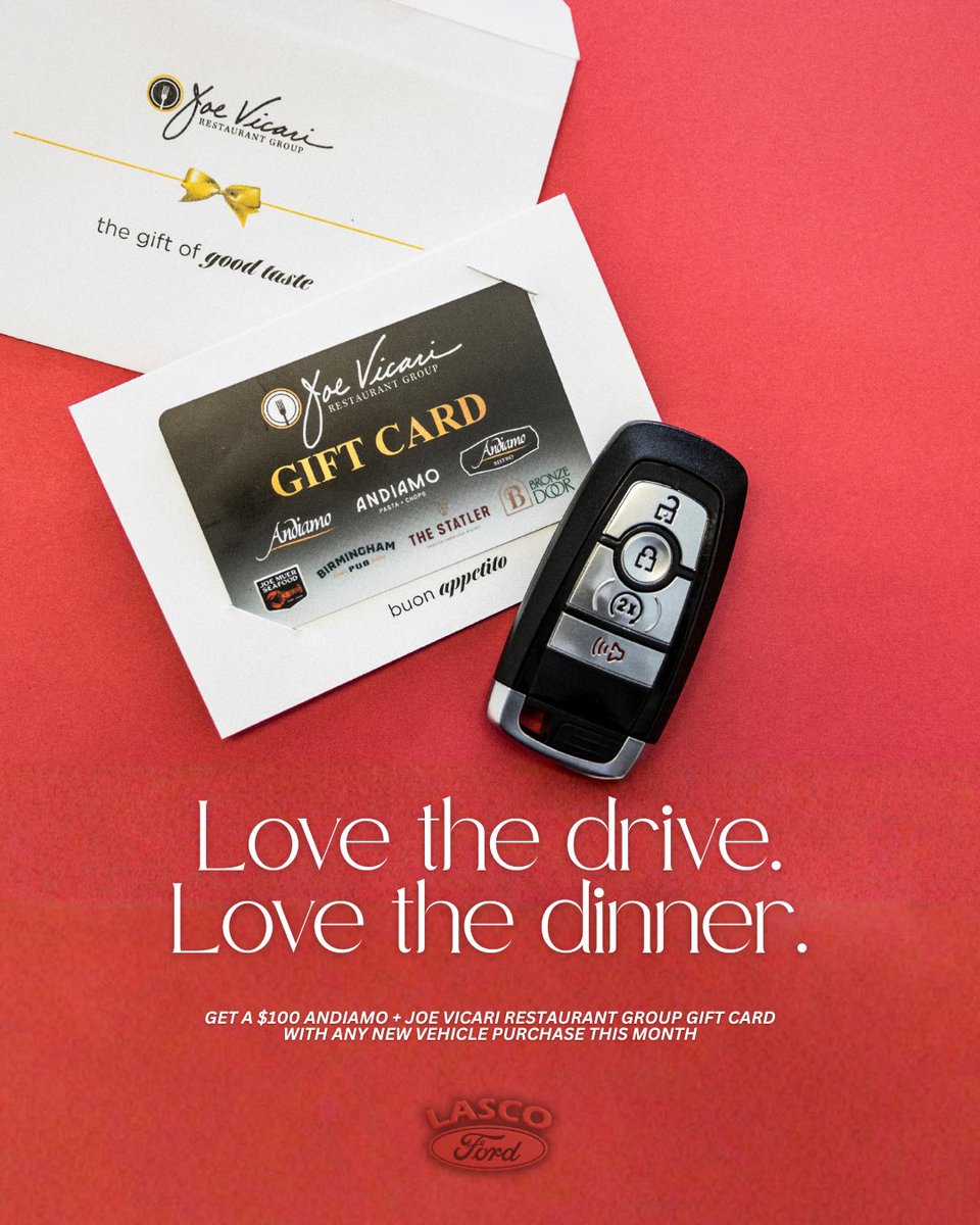 LascoFord's tweet photo. Treat yourself to a new ride and your favorite person to an unforgettable dinner! 🚗🍝

Purchase any new vehicle this month and receive a $100 Joe Vicari Restaurant Group gift card.

The perfect pairing is waiting for you, only at Lasco Ford. ❤️ https://t.co/a10TQHVYil