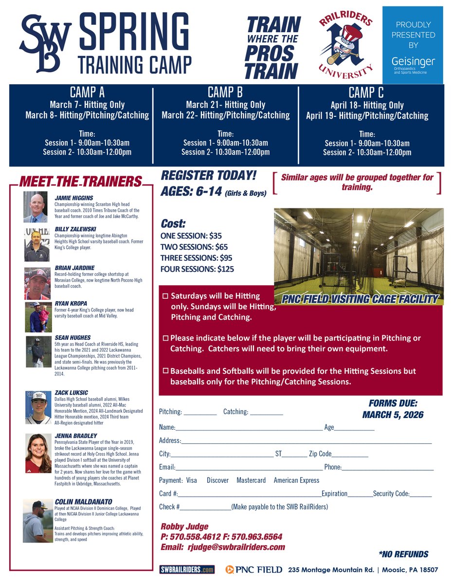 RailRidersU's tweet photo. Registration is OPEN for Spring Training — starting at only $35‼️ In March and April, elevate your player's hitting, pitching, or catching skills.

Courtesy of @GeisingerHealth, camps will be held in our state-of-the-art Visiting Batting Cages. 📲 https://t.co/8mUw73d79c https://t.co/hRducGVhFN