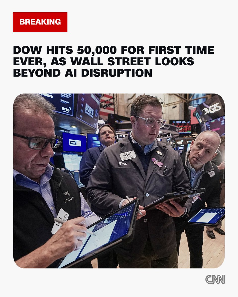 Dow hits 50,000 for first time ever, as Wall Street looks beyond AI disruption. cnn.it/4ae1iAv