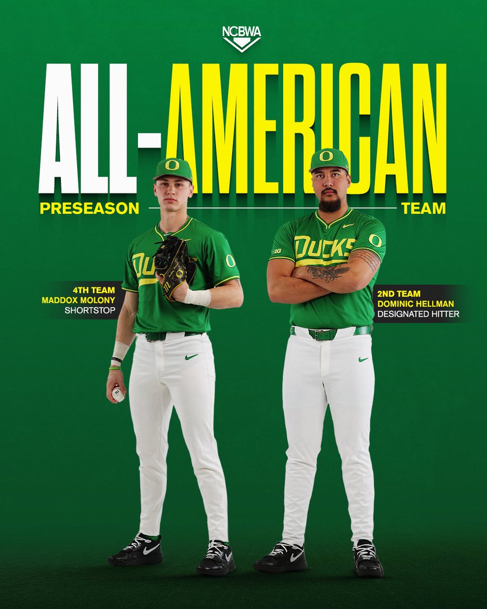 OregonBaseball's tweet photo. 𝐏𝐨𝐰𝐞𝐫 𝐃𝐮𝐨

@maddox_molony and Dominic Hellman combined for 28 homers last season. The pair head into the 2026 season as preseason All-Americans. #GoDucks https://t.co/idFaULLK5r