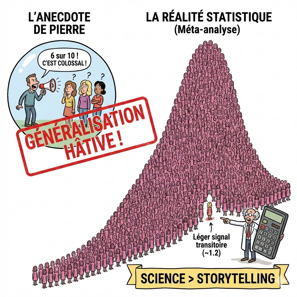 🚨 ALERTE MÉTHODOLOGIE ! 🚨
Magazine Nexus et Pierre Chaillot confondent encore "science" et "discussion de comptoir".

"Sur 10 femmes, 6 ont des problèmes"... basé sur quoi ? Une "anecdote". 🤡

Spoiler : En science, une anecdote ne vaut RIEN face aux stats. On débunke. ⬇️

❌