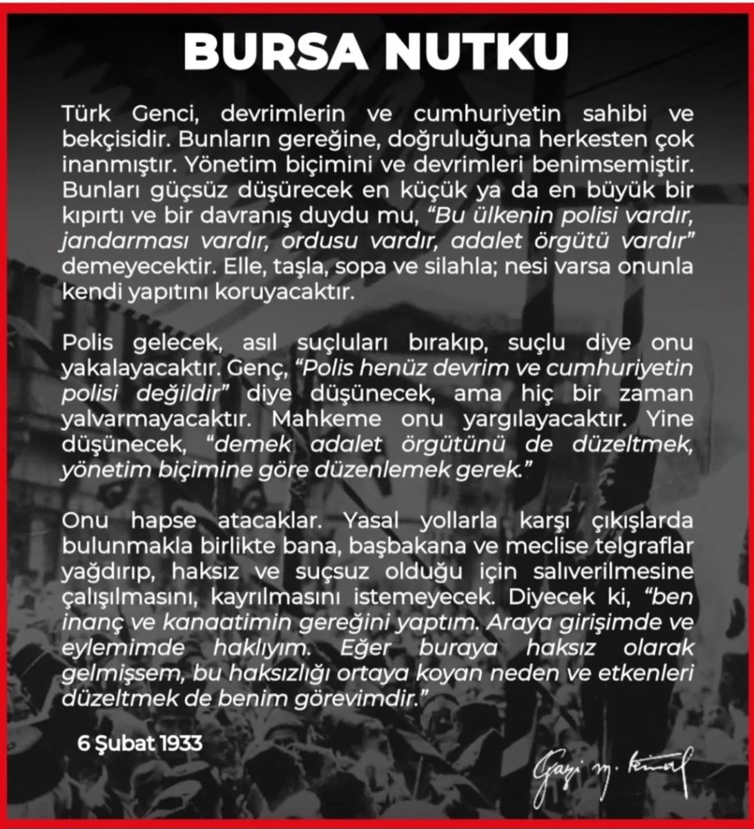Bugün Atatürk’ün Bursa Nutku’nun 93. yıldönümü! 

Devrimlerin ve laik cumhuriyetin bekçisiyiz! 
cumhuriyet.com.tr/yazarlar/zulal…