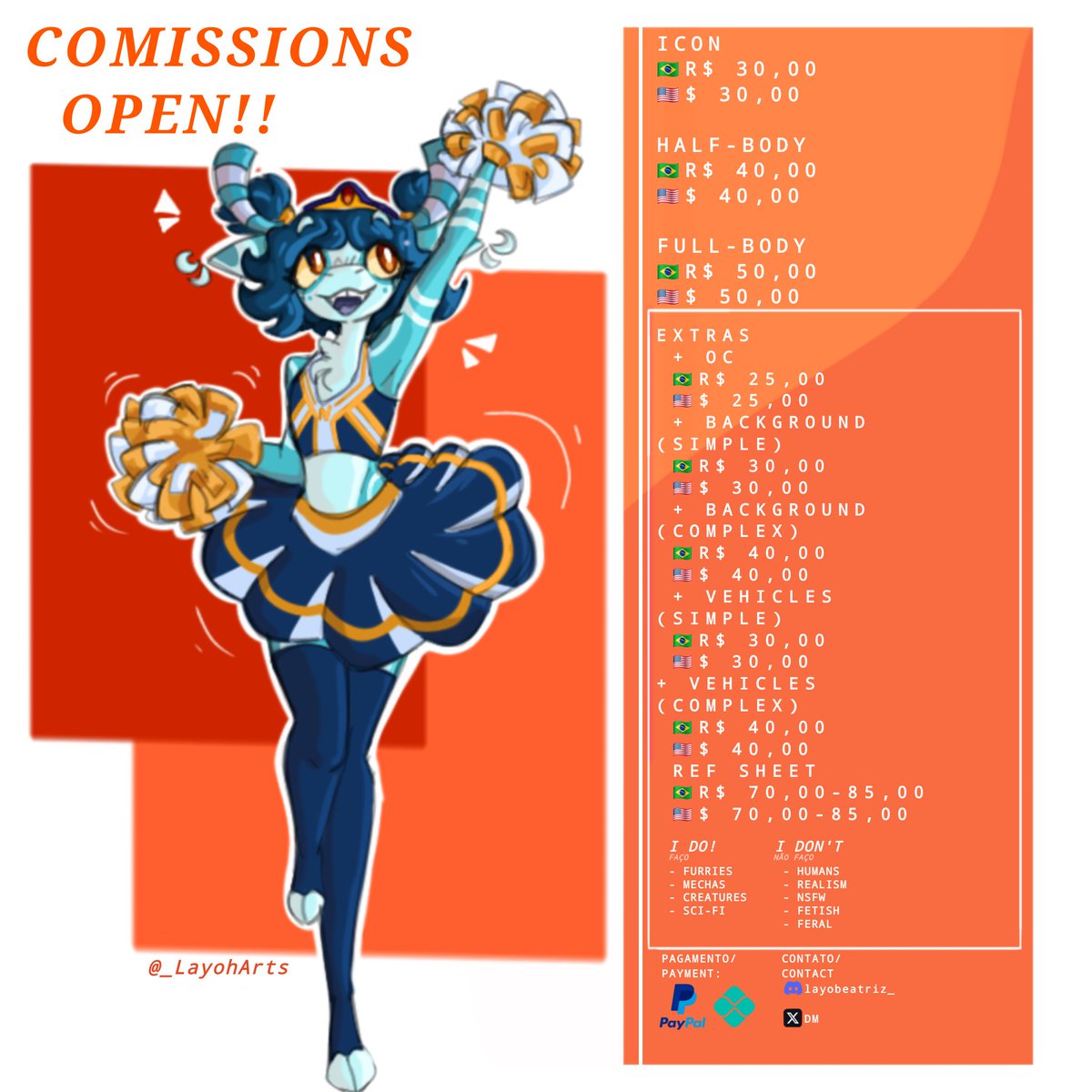 COMMISSIONS OPEN!  🇧🇷🇺🇸✨️
🇧🇷- Essa é minha tabela de comissões! Caso tenha interesse, mande mensagem no meu discord (layobeatriz_) ou na minha DM ^^
🇺🇸- This is my commission table! If you're interested, send me a message on my discord (layobeatriz_) or in my DM ^^