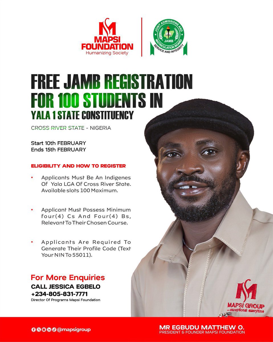 mapsigroup's tweet photo. When opportunity meets intention, futures change.
Mapsi Foundation is proud to support 100 eligible students in Yala 1 State Constituency with FREE JAMB registration, removing barriers and unlocking academic dreams.
#MapsiFoundation #FreeJAMB #EducationEmpowerment #BuildingFutur https://t.co/zDlop8ljPZ