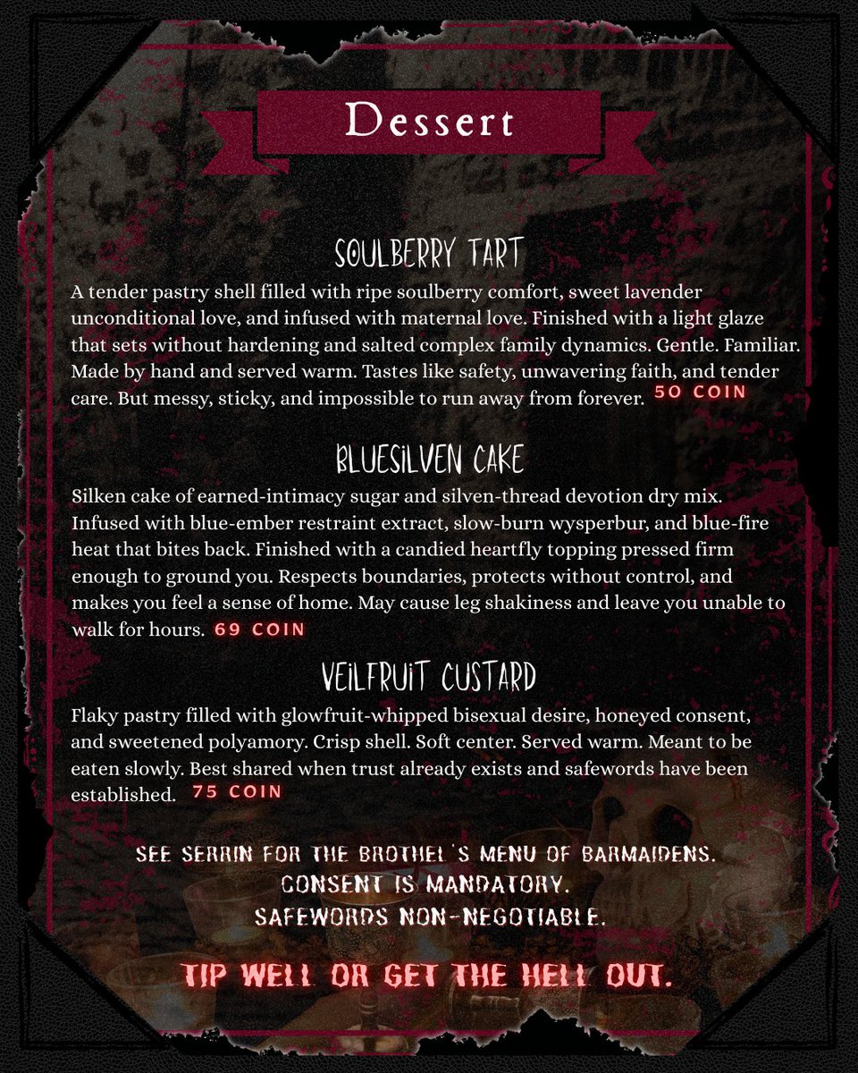 The world of Solaraeth's very own Serrin’s Jaw Brothel &amp; Bar welcomes #FoodPit to VEILSTRIDER, a dark #F that burns the whole way down, bites if you ask nicely, and devastatingly liberates even the sweetest traveler.   

Enjoy a plot-filled drink, setting-marinated entrée, or a