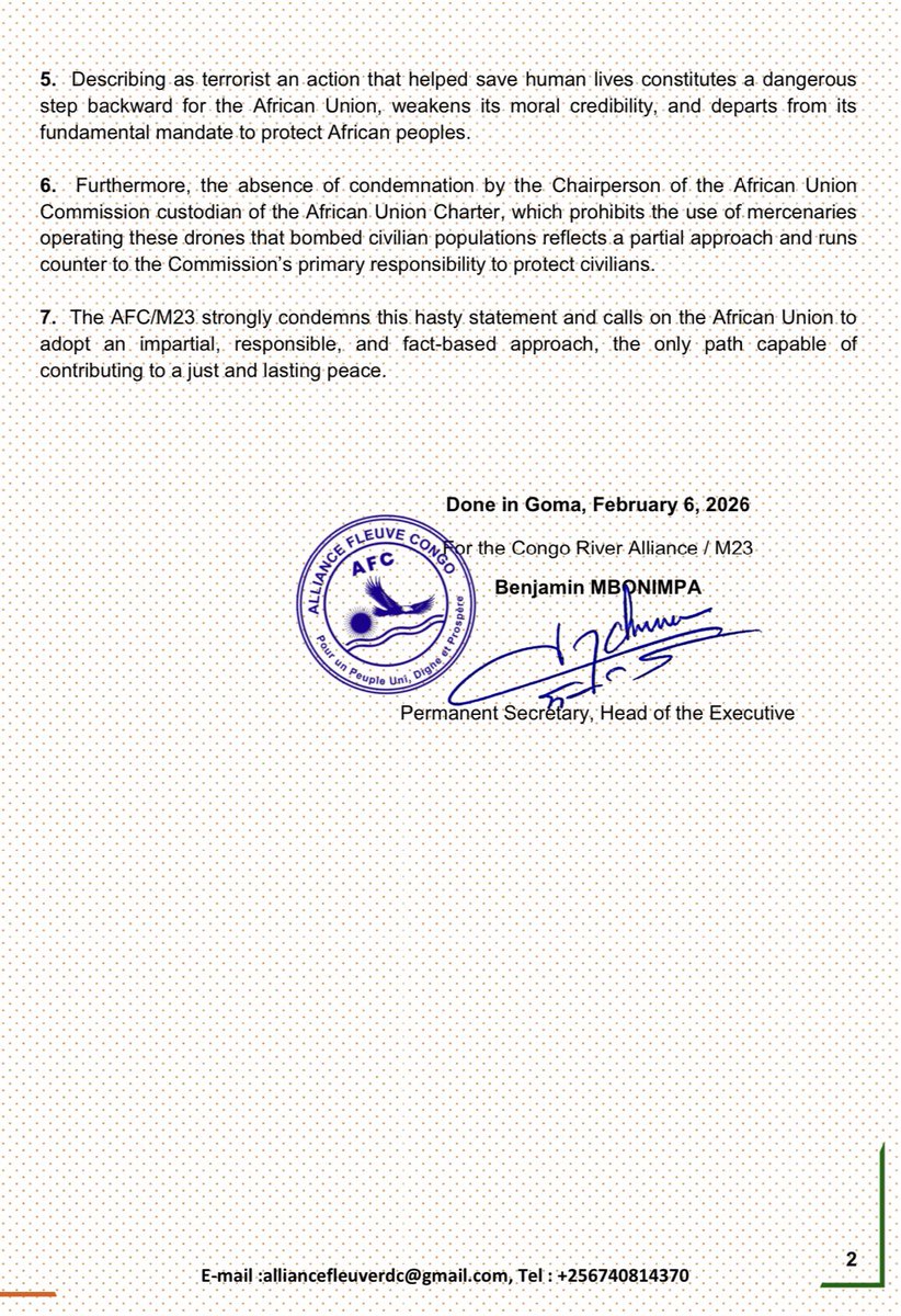 REACTION OF THE ALLIANCE FLEUVE CONGO / MOUVEMENT DU 23
MARS (AFC/M23) TO THE STATEMENT OF THE AFRICAN UNION
COMMISSION OF FEBRUARY 6, 2026⤵️