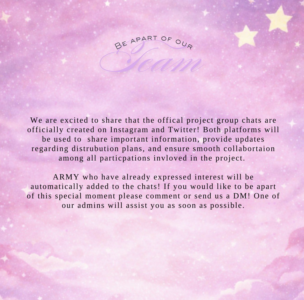 whalieninbloom's tweet photo. Want to be part of something truly special? 
We’re officially building our team!! 
Volunteers will assist with coordination, updates, and project distribution. 💜

Please comment below or DM us to join the team!! 
Let’s create an unforgettable moment together 💫 https://t.co/oyvOUPhjYI