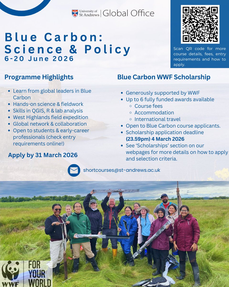 Applications are open for the Blue Carbon Science &amp; Policy Summer Programme at the University of St Andrews (6–20 June 2026). 

Up to six fully funded scholarships available for students and early-career professionals. 

Apply by 31 March: st-andrews.ac.uk/study-abroad/a…