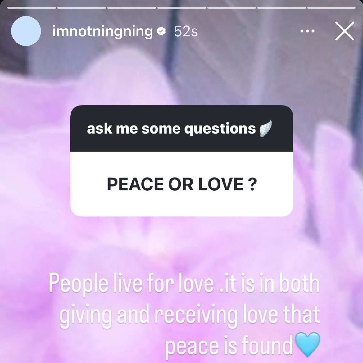 yizhuo1st's tweet photo. Q: PEACE OR LOVE ?

#NINGNING: People live for love. It is in both giving and receiving love that peace is found🩵 https://t.co/Y5EWDOGGku