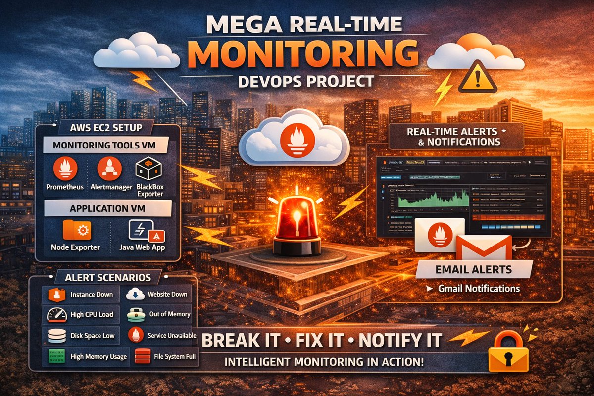 Snsbr2004Sabar's tweet photo. 🤓 DevOps Monitoring That Talks Back 🫣🫣

🚀 Prometheus + AlertManager + BlackBox Exporter : A Real-Time Monitoring Setup

(Break It ❤️‍🔥. Monitor It👨🏻‍💻. Alert It 😳. Fix It 🤓. — Real-World DevOps in Action🤩)

🚀 Ultimate MEGA Real-Time Monitoring DevOps Project | Prometheus, Alert_Manager, Blackbox, Node Exporter

Recently, I completed an end-to-end, real-time monitoring DevOps project where the focus was not just monitoring, but actionable alerts + intelligent notifications.

🔍 Project Overview
The goal was simple but powerful:
    👉 Monitor instances, services, and websites
    👉 Get real-time alerts
    👉 Receive customized email notifications only when it actually matters

🏗️ Architecture Setup
    1) Created 2 AWS EC2 VMs
           i) Monitoring Tools VM
           ii) Application VM
    2) Connected via Termius (SSH)

⚙️ What I Implemented
On Application VM
     a) Installed & configured Node Exporter
     b) Ran a Java-based Web Application directly using Maven

On Monitoring Tools VM
Installed & configured :-
     a) Prometheus
     b) Alertmanager
     c) Blackbox Exporter

📊 Monitoring & Alert Scenarios Implemented
Configured alert rules for real-world failure scenarios :-
   1️⃣ Instance Down
   2️⃣ Website Down
   3️⃣ Host Out of Memory
   4️⃣ Host Out of Disk Space
   5️⃣ High CPU Load
   6️⃣ Service Unavailable
   7️⃣ High Memory Usage
   8️⃣ File System Full

🚨 Real-Time Testing (The Best Part!)
I intentionally broke things :-
    1) Crashed services
    2) Took websites down
    3) Stopped Node Exporter

➡️ Alerts immediately reflected on Prometheus
➡️ Email notifications triggered automatically
➡️ Alerts stopped once services recovered

🎯 Why This Matters
Not every failure deserves panic.

This project proves how we can :-
    i) Avoid false alerts
    ii) Trigger notifications only after a defined duration
    iii) Customize alerting behavior based on severity, time, and conditions

For Gmail alerts, I used Google App Password Manager, ensuring secure and automated notifications.

📸 Proof of work included via screenshots

For More Clarity and Detailed Explanations : https://t.co/5qwnIjCWmZ

YouTube Lecture : https://t.co/TR78alOUE7

GitHub and Docs : https://t.co/OBnC3SUv88

Always open to :-
    💬 Suggestions
    💡 Feedback
    🤝 Discussions

Special thanks to @devopsshack  for the amazing brainstorming session and documentation support 🙌

Thank you for your Valuable Time 🤝

Let’s keep building and learning in public 🚀
 
#LearningInPublic #DevOps #Monitoring #Prometheus #Alertmanager #BlackboxExporter #NodeExporter  #AWS #EC2 #SRE #Observability #CloudEngineering #Java