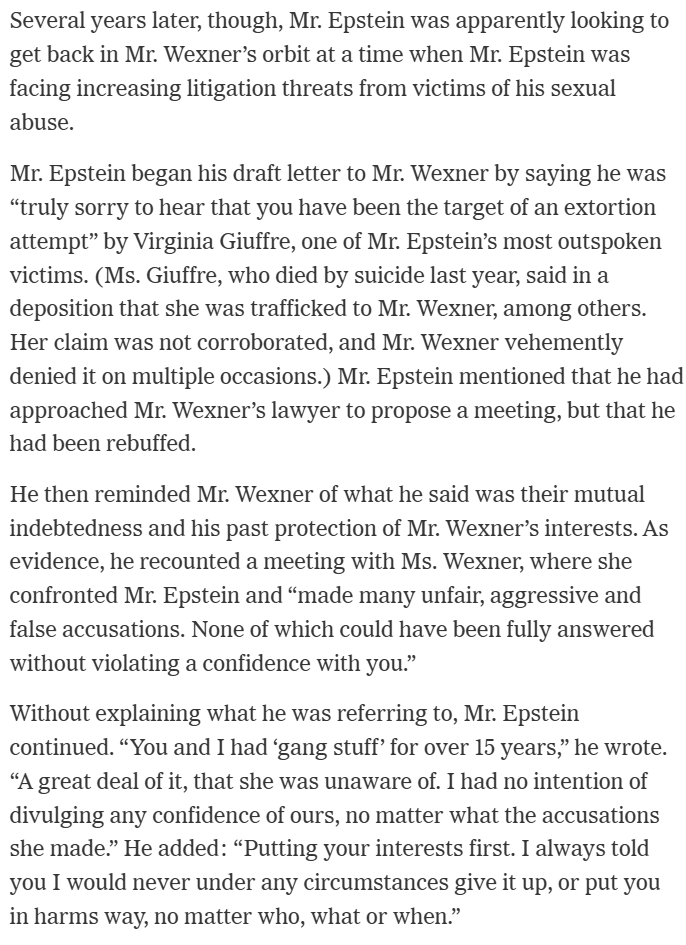 Mainstream press slowly accepting that Epstein was leveraging the dirt he gathered on his powerful friends. 

See NYT: it calls the idea Epstein was blackmailing people a conspiracy theory w/out proof, then immediately describes Epstein gathering dirt on &amp; blackmailing people: