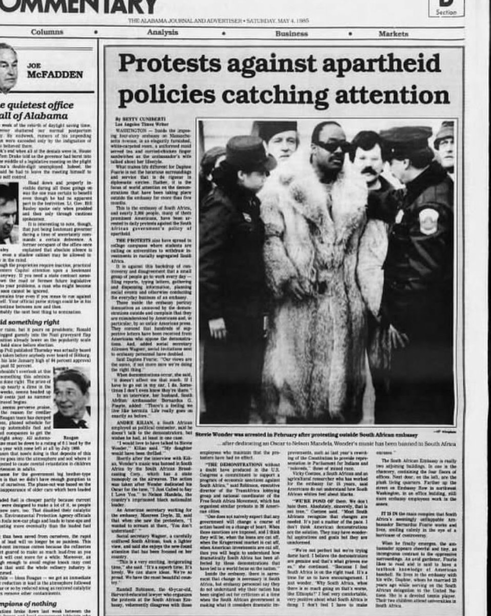 In 1985 Stevie Wonder was arrested for protesting Apartheid, South Africa's system of institutionalized racial discrimination, outside of DC’s SA embassy. 

He declared himself a "conscientious criminal for world equality" and was never afraid of being political!