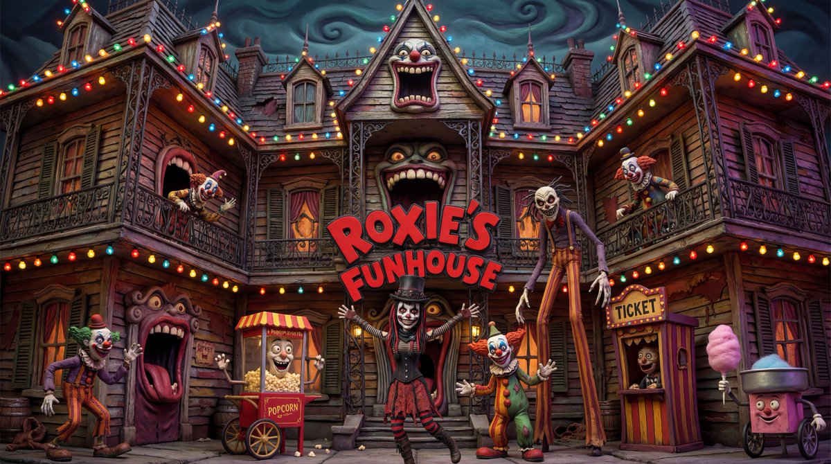 Come crawl in, just wrap yourself 'round a chair!
Let the pain begin, it's time to pull out your hair!
Roxie's so de-light-ed! (Eee!)
'Cause a fire just ig-ni-ted! (Call 9-1-1!)
To go feerraaaal at Roxie’s Funhouse!