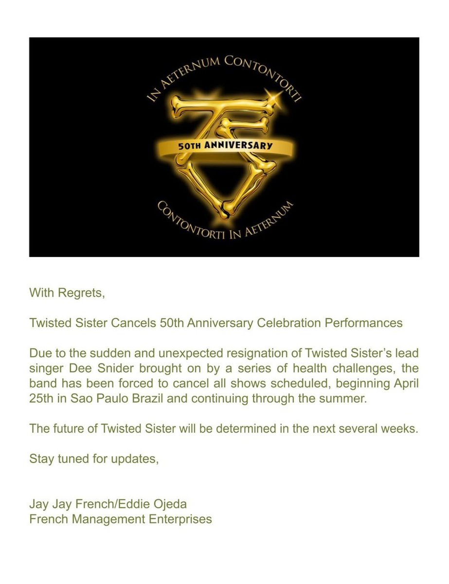 Twisted Sister cancela los planes de gira por sus 50 años.
La razón: Dee Snider enfrenta artritis degenerativa y ha tenido que someterse a varias cirugías, lo que lo lleva a retirarse de los escenarios.

#fussionradiomx #TwistedSister #DeeSnider #Rock