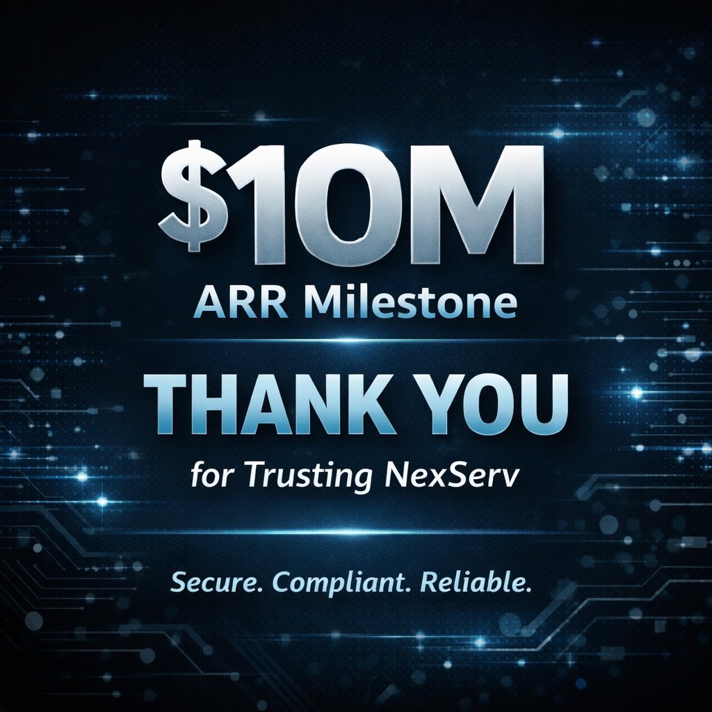 NTIMSP's tweet photo. - NexServ Technologies, a managed IT services firm specializing in secure solutions for regulated SMBs since 1999, celebrates reaching $10 million in annual recurring revenue (ARR), a key SaaS metric signaling scalable, predictable growth.

- The post's graphic highlights "Secure. Compliant. Reliable." values, directly tying the milestone to client trust in HIPAA-aligned services amid rising cybersecurity demands in healthcare and finance sectors.

- This fresh February 6, 2026, announcement, it serves as a subtle marketing pivot to reinforce brand loyalty and prospect for expansion in a market projected to grow 12% annually per Gartner data.