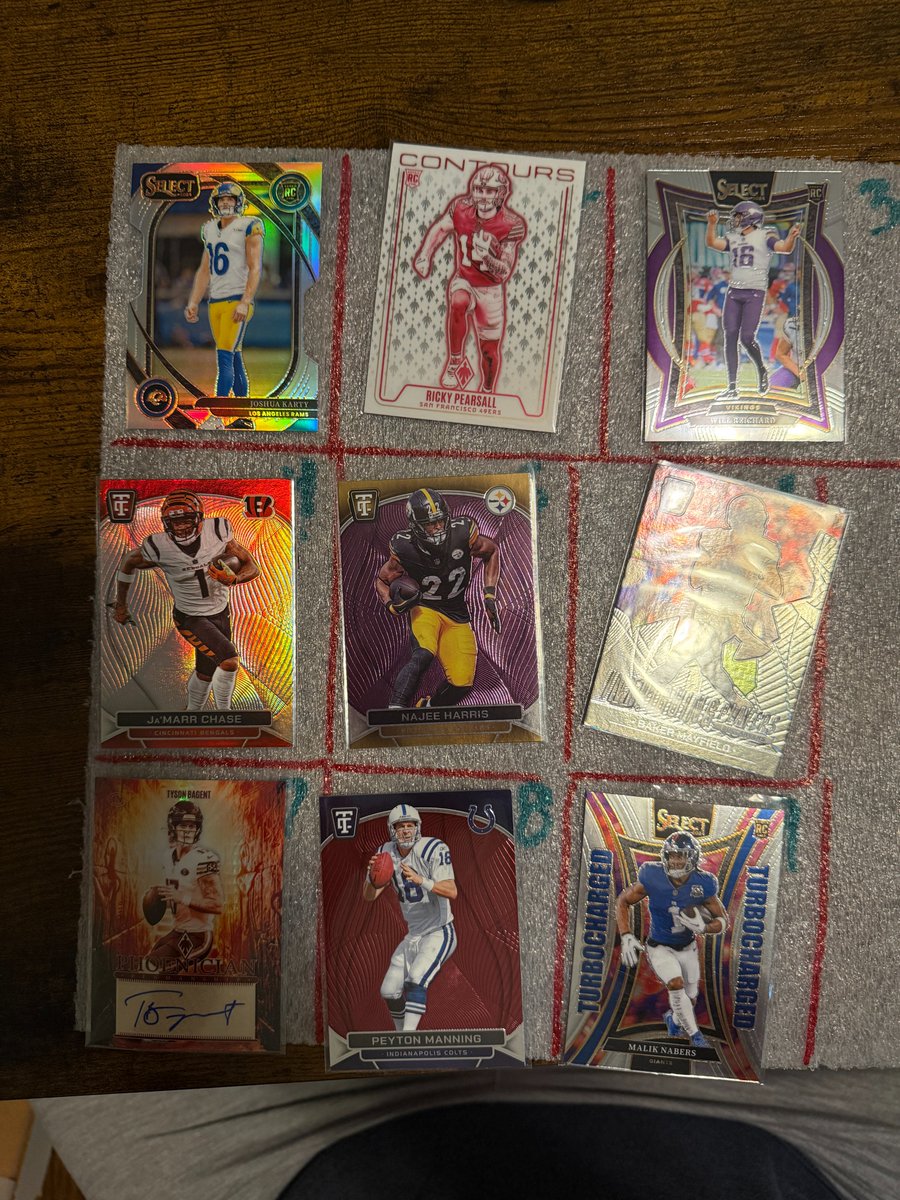 avillanueva3rd's tweet photo. Lot 6 $1 per card or 4 for $5.00
#Cardstack Sale! #cardstacks #thehobby #cardhobby #footballcards #panini
TOP: Joshua Carty die-cut (RC), Ricky Pearsall (RC), Will Reichard (RC) 
MIDDLE: Ja'Marr Chase, Najee Harris, Baker Mayfield  
BOTTOM: Tyson Bagent (Auto), Peyton Manning, Malik Nabors (RC)