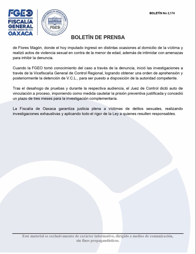 La <a href="/FISCALIA_GobOax/">Fiscalía General</a> logra prisión preventiva contra dos personas imputados por delitos sexuales en agravio de una niña y una adolescente.
#Oaxaca